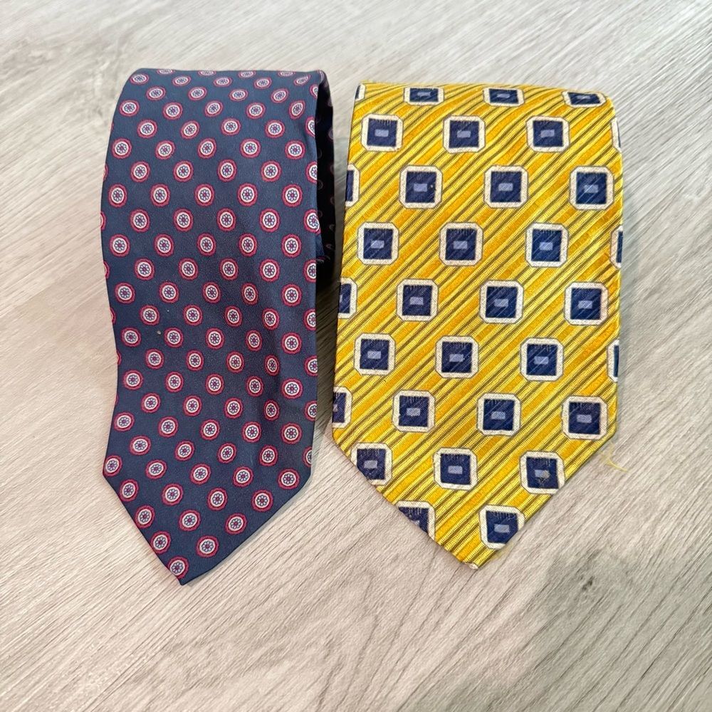 Robert Talbott Set of 2 Silk Navy & Yellow Geometric and Floral Neck Ties